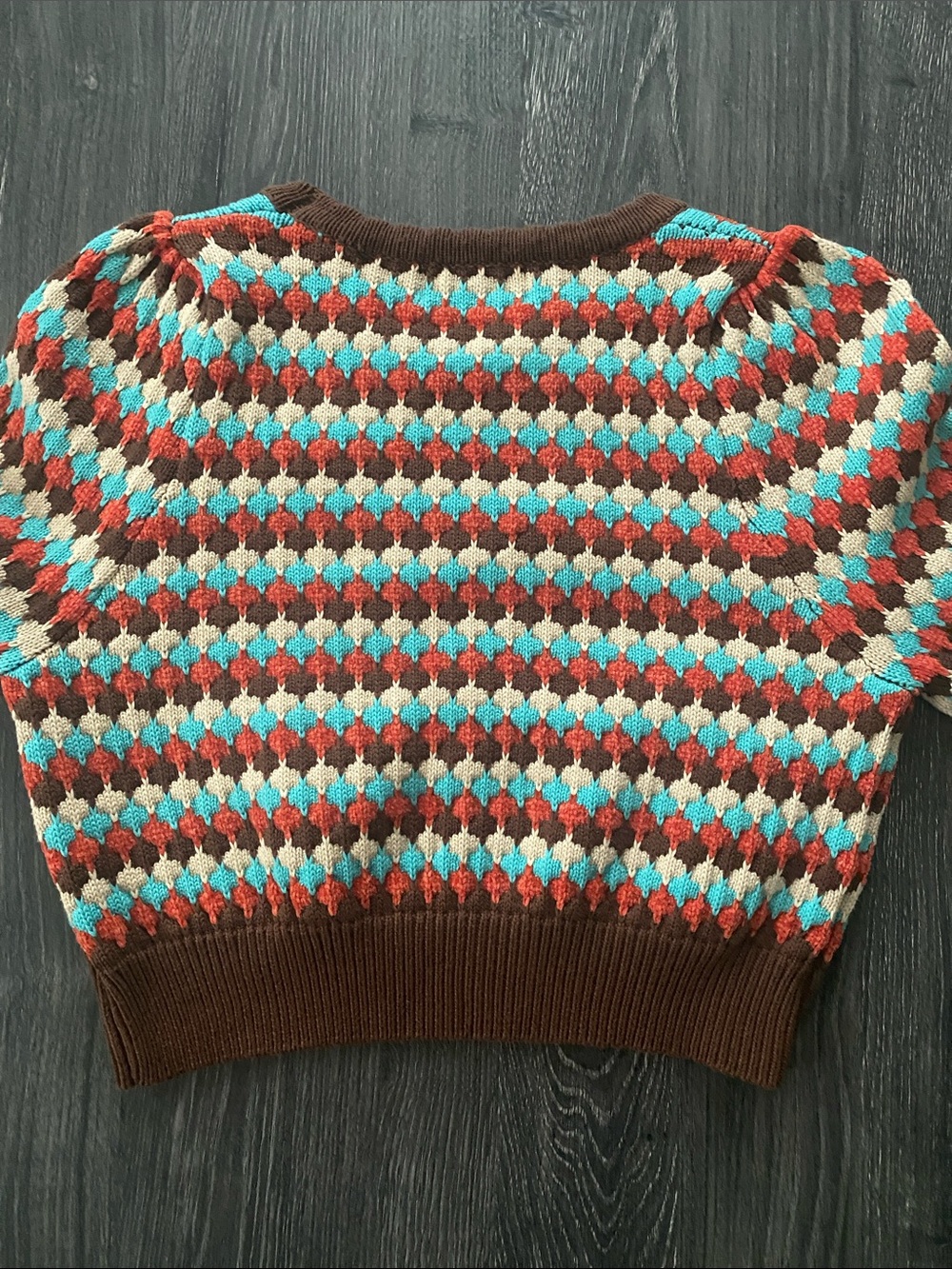 Cider Brown Turquoise Coral Cream Patterned Cropped Sweater - Picture 5 of 6